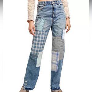 We The Free Blue Straight Leg Jeans with Patchwork Design